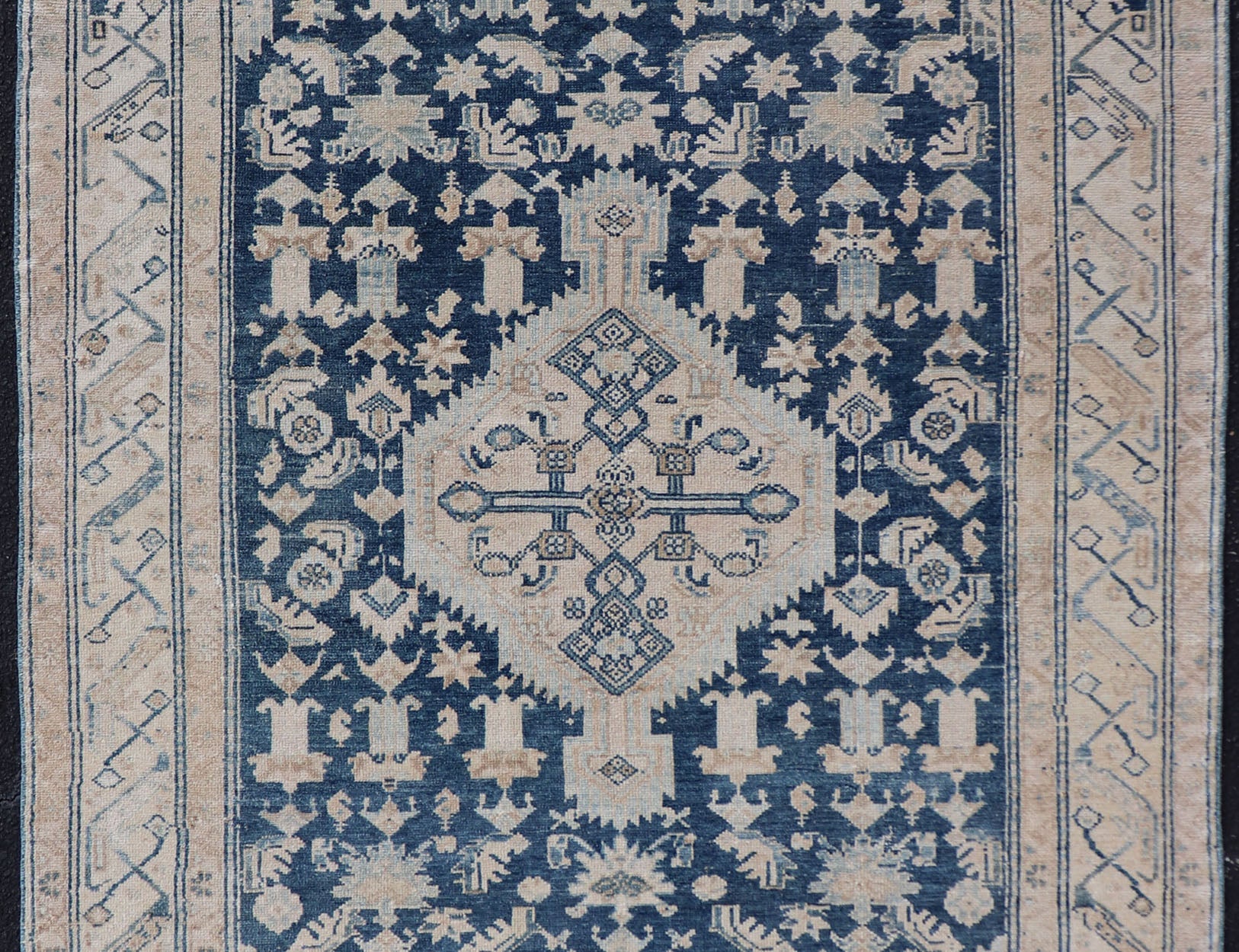 Mid Night Blue Background Antique Persian Hamadan Rug with Taupe & Powder Blue. Mid night Blue Color rug, Blue Medallion Antique Persian Hamadan Rug. Keivan Woven Arts / rug VAS - 55541, country of origin / type: Iran / Hamadan, circa 1920 Measure... - Keivan Woven ArtsVAS - 55541 - 22932Rug