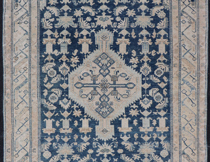 Mid Night Blue Background Antique Persian Hamadan Rug with Taupe & Powder Blue. Mid night Blue Color rug, Blue Medallion Antique Persian Hamadan Rug. Keivan Woven Arts / rug VAS - 55541, country of origin / type: Iran / Hamadan, circa 1920 Measure... - Keivan Woven ArtsVAS - 55541 - 22932Rug