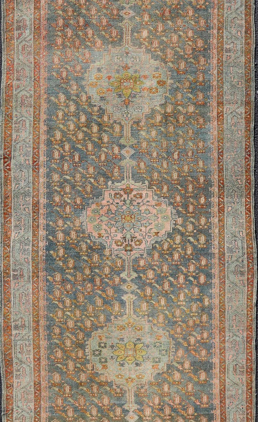 Antique Persian Gallery Malayer Rug with Geometric Design in Gray - Blue and Pink Intricately designed antique Hand Knotted Malayer gallery in blue - gray and light pink with medallions, Keivan Woven Arts / rug VAS - 6, country of origin / type: Iran ... - Keivan Woven ArtsVAS - 6 - 17406