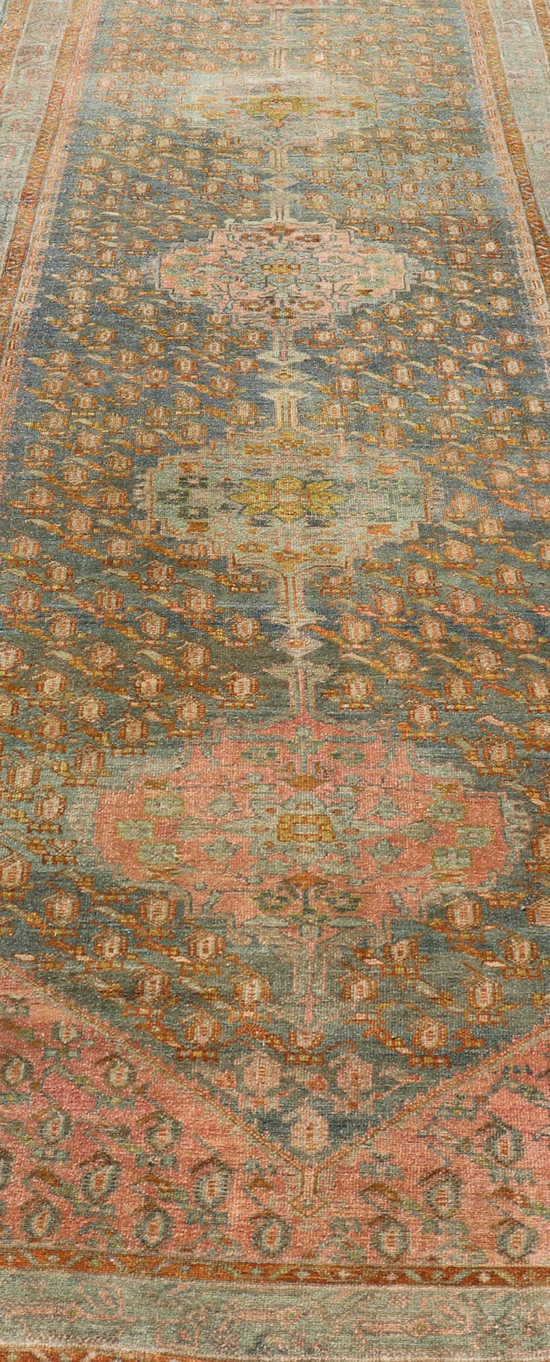 Antique Persian Gallery Malayer Rug with Geometric Design in Gray - Blue and Pink Intricately designed antique Hand Knotted Malayer gallery in blue - gray and light pink with medallions, Keivan Woven Arts / rug VAS - 6, country of origin / type: Iran ... - Keivan Woven ArtsVAS - 6 - 17406Rug