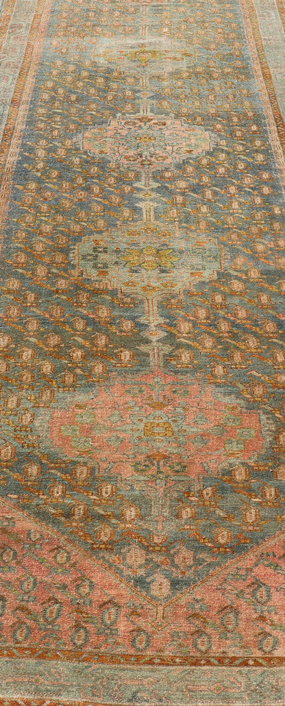 Antique Persian Gallery Malayer Rug with Geometric Design in Gray - Blue and Pink Intricately designed antique Hand Knotted Malayer gallery in blue - gray and light pink with medallions, Keivan Woven Arts / rug VAS - 6, country of origin / type: Iran ... - Keivan Woven ArtsVAS - 6 - 17406Rug