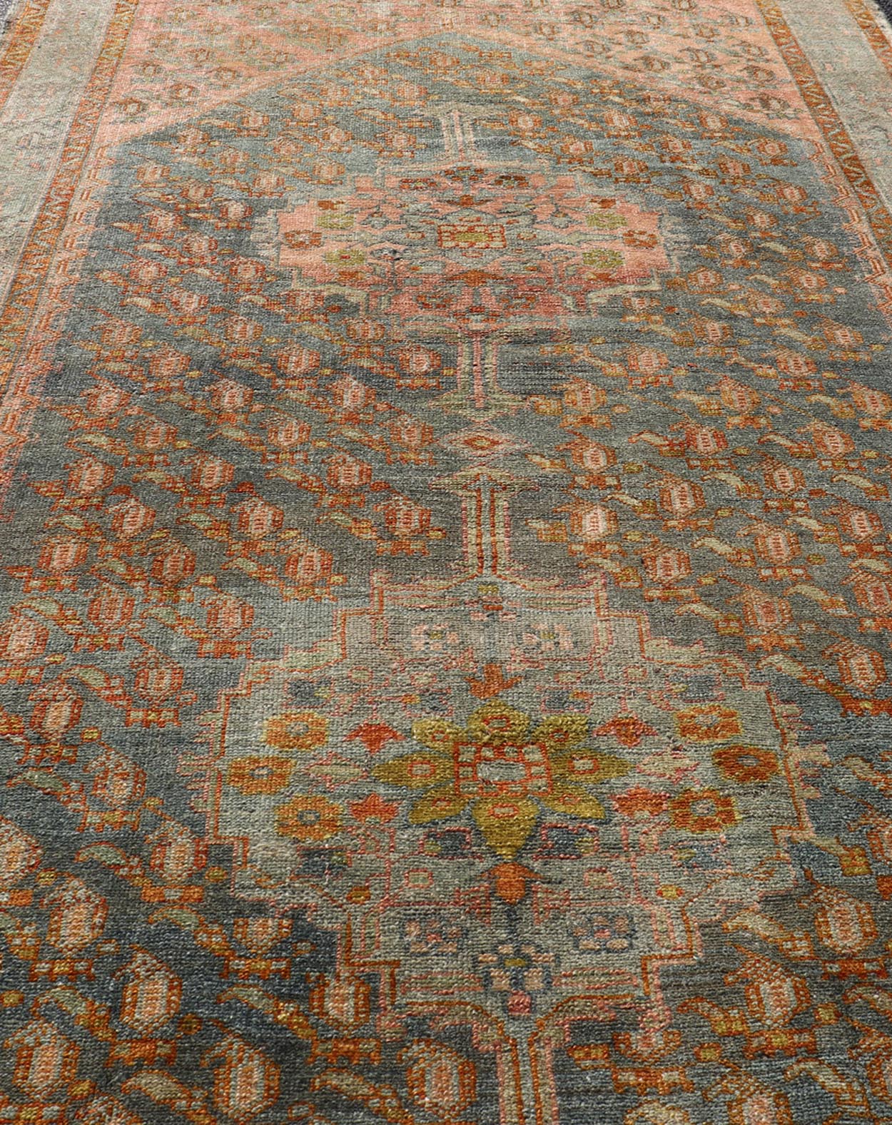 Antique Persian Gallery Malayer Rug with Geometric Design in Gray - Blue and Pink Intricately designed antique Hand Knotted Malayer gallery in blue - gray and light pink with medallions, Keivan Woven Arts / rug VAS - 6, country of origin / type: Iran ... - Keivan Woven ArtsVAS - 6 - 17406