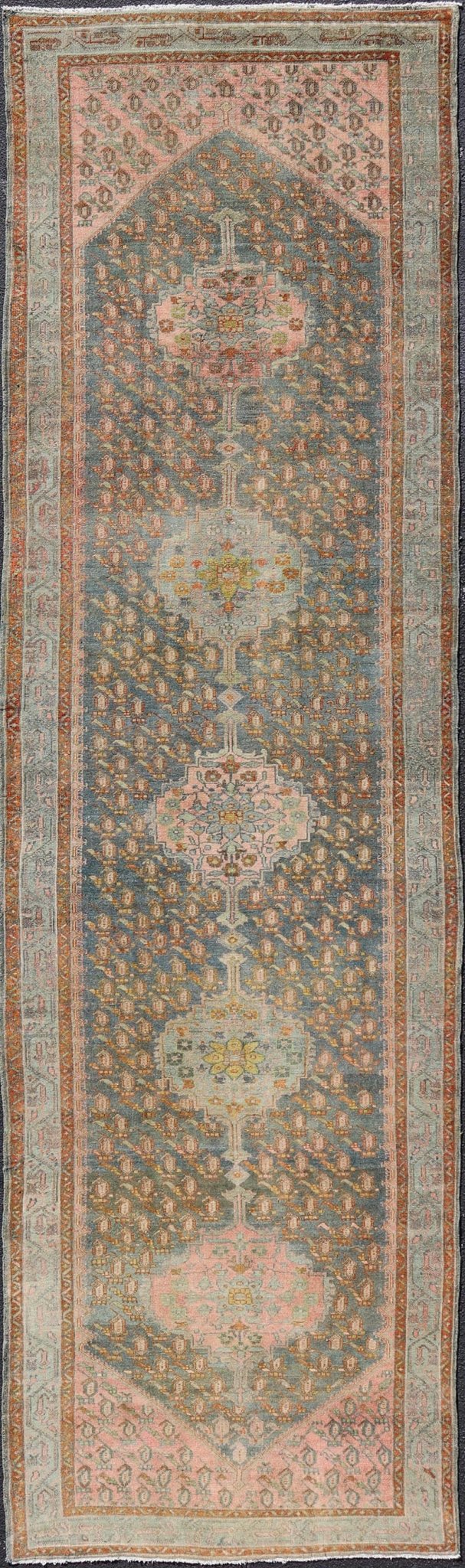 Antique Persian Gallery Malayer Rug with Geometric Design in Gray - Blue and Pink Intricately designed antique Hand Knotted Malayer gallery in blue - gray and light pink with medallions, Keivan Woven Arts / rug VAS - 6, country of origin / type: Iran ... - Keivan Woven ArtsVAS - 6 - 17406Rug