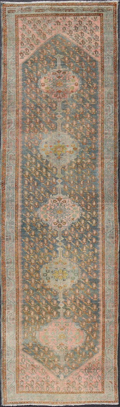Antique Persian Gallery Malayer Rug with Geometric Design in Gray - Blue and Pink Intricately designed antique Hand Knotted Malayer gallery in blue - gray and light pink with medallions, Keivan Woven Arts / rug VAS - 6, country of origin / type: Iran ... - Keivan Woven ArtsVAS - 6 - 17406Rug
