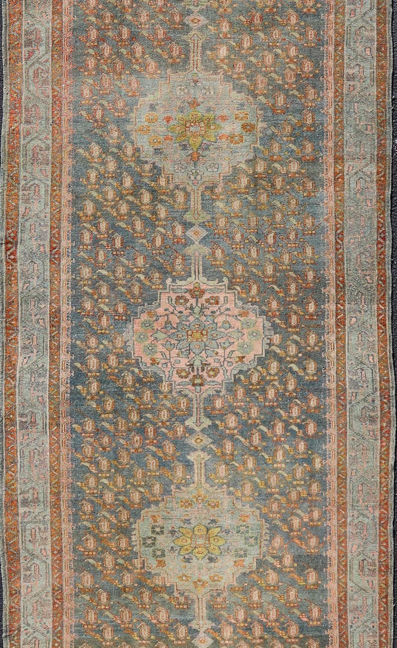 Antique Persian Gallery Malayer Rug with Geometric Design in Gray - Blue and Pink Intricately designed antique Hand Knotted Malayer gallery in blue - gray and light pink with medallions, Keivan Woven Arts / rug VAS - 6, country of origin / type: Iran ... - Keivan Woven ArtsVAS - 6 - 17406Rug