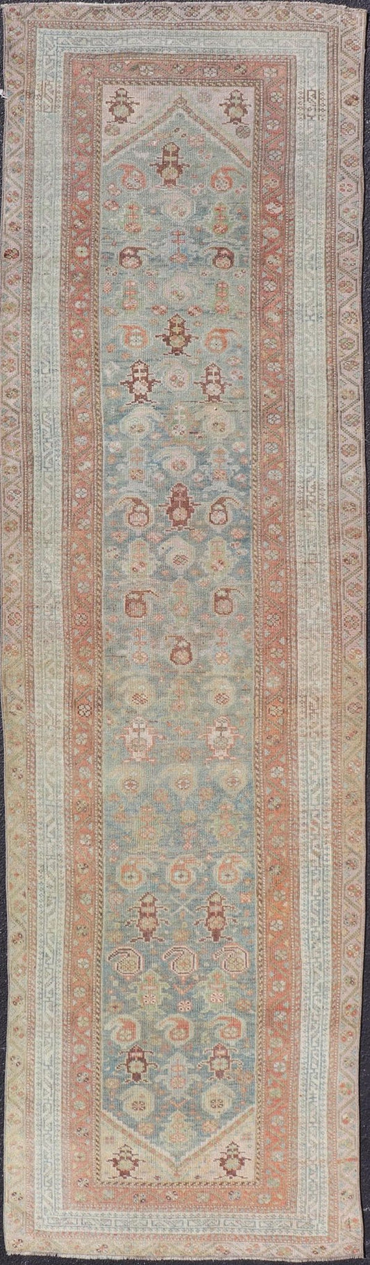 Antique Persian Malayer Runner in Wool with Sub - Geometric Design This antique Persian Malayer rug features a sub - geometric design rendered in soft colored tones. A complementary, multi - tiered border encompasses the entirety of the piece; making... - Keivan Woven ArtsVAS - 7 - 13985 - 17412