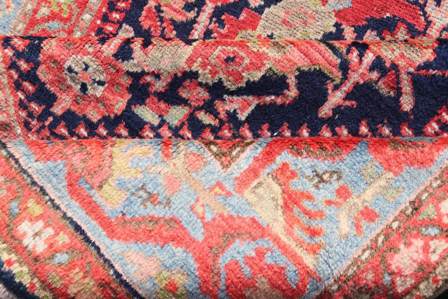 Antique Persian Gallery Hamadan Runner in Blue Background with Multi Colors Measures 4'2 x 11'5 This antique Persian Malayer is bright and bold, with a navy background with rich red, pink, sky blue, and pastel accent colors filling the f... - Keivan Woven ArtsVAS - 8 - P13987 - 17418