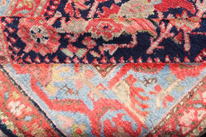 Antique Persian Gallery Hamadan Runner in Blue Background with Multi Colors Measures 4'2 x 11'5 This antique Persian Malayer is bright and bold, with a navy background with rich red, pink, sky blue, and pastel accent colors filling the f... - Keivan Woven ArtsVAS - 8 - P13987 - 17418