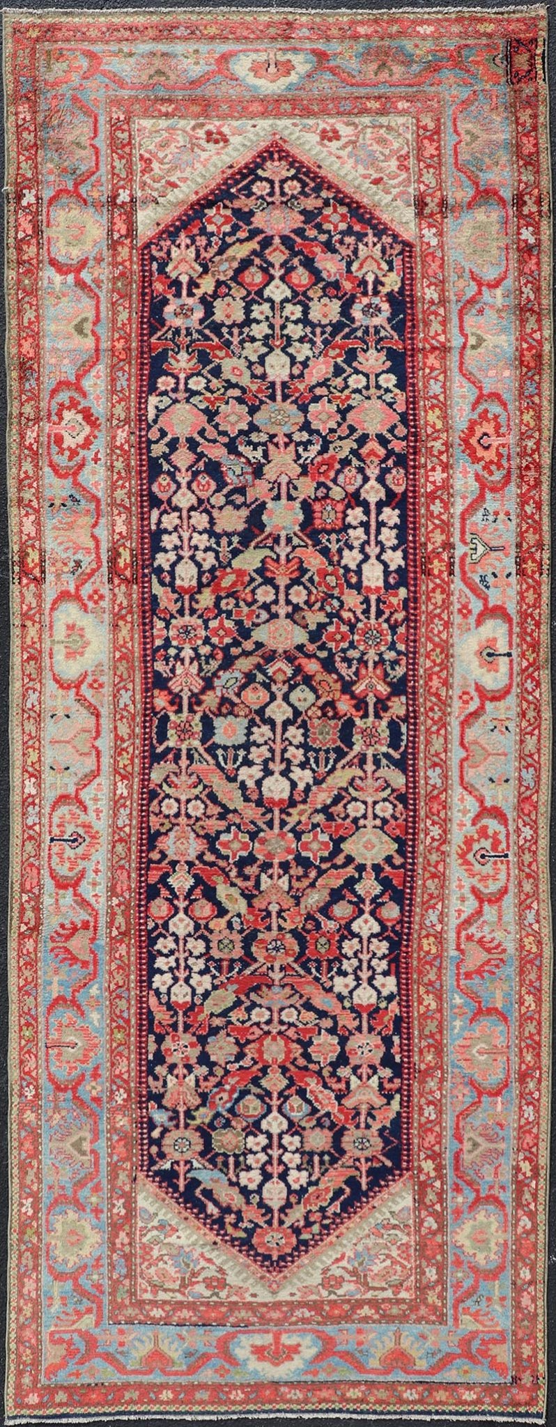 Antique Persian Gallery Hamadan Runner in Blue Background with Multi Colors Measures 4'2 x 11'5 This antique Persian Malayer is bright and bold, with a navy background with rich red, pink, sky blue, and pastel accent colors filling the f... - Keivan Woven ArtsVAS - 8 - P13987 - 17418