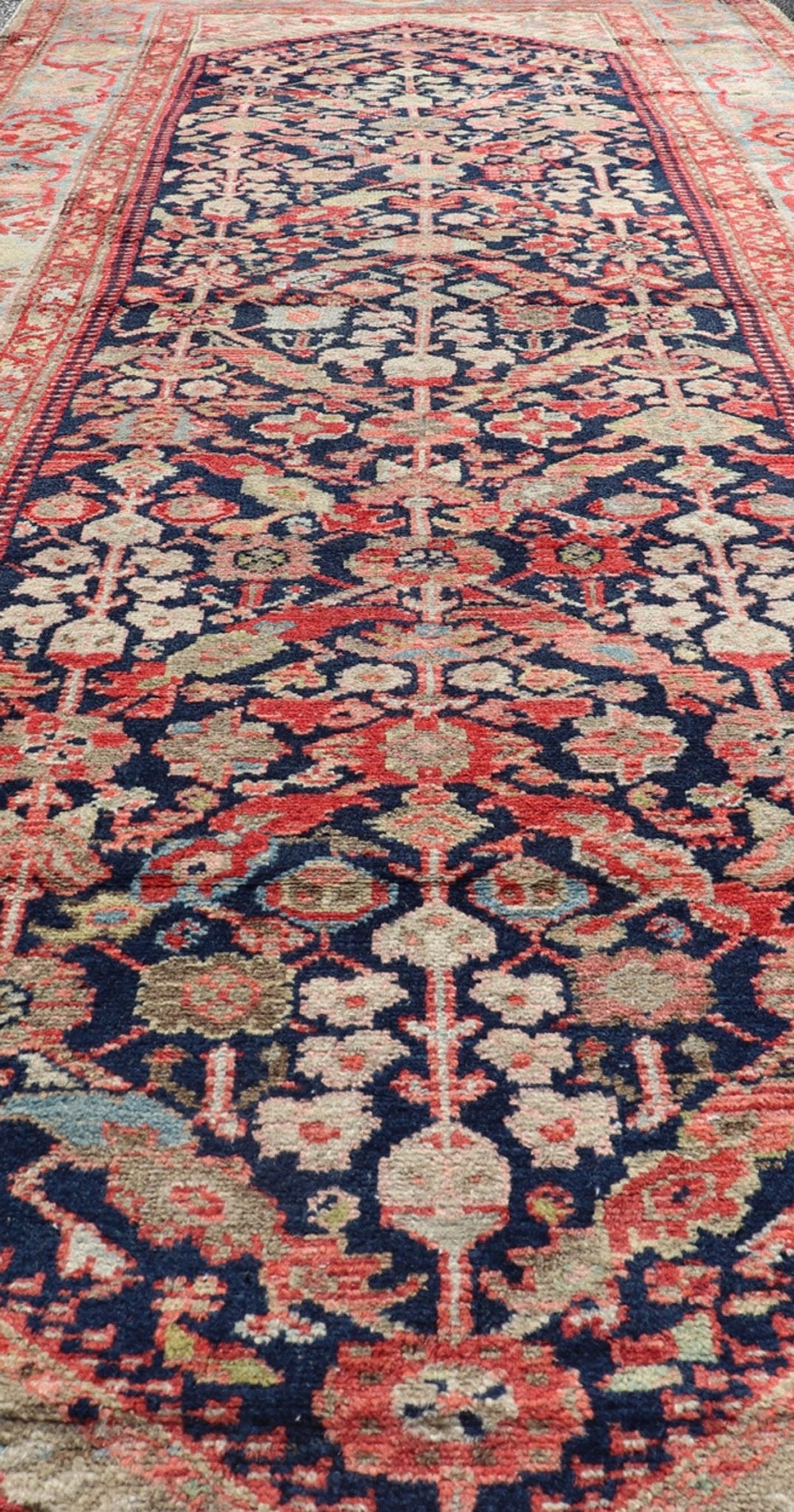 Antique Persian Gallery Hamadan Runner in Blue Background with Multi Colors Measures 4'2 x 11'5 This antique Persian Malayer is bright and bold, with a navy background with rich red, pink, sky blue, and pastel accent colors filling the f... - Keivan Woven ArtsVAS - 8 - P13987 - 17418