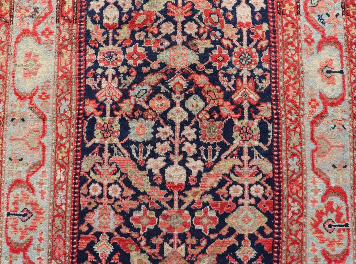 Antique Persian Gallery Hamadan Runner in Blue Background with Multi Colors Measures 4'2 x 11'5 This antique Persian Malayer is bright and bold, with a navy background with rich red, pink, sky blue, and pastel accent colors filling the f... - Keivan Woven ArtsVAS - 8 - P13987 - 17418