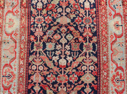 Antique Persian Gallery Hamadan Runner in Blue Background with Multi Colors Measures 4'2 x 11'5 This antique Persian Malayer is bright and bold, with a navy background with rich red, pink, sky blue, and pastel accent colors filling the f... - Keivan Woven ArtsVAS - 8 - P13987 - 17418