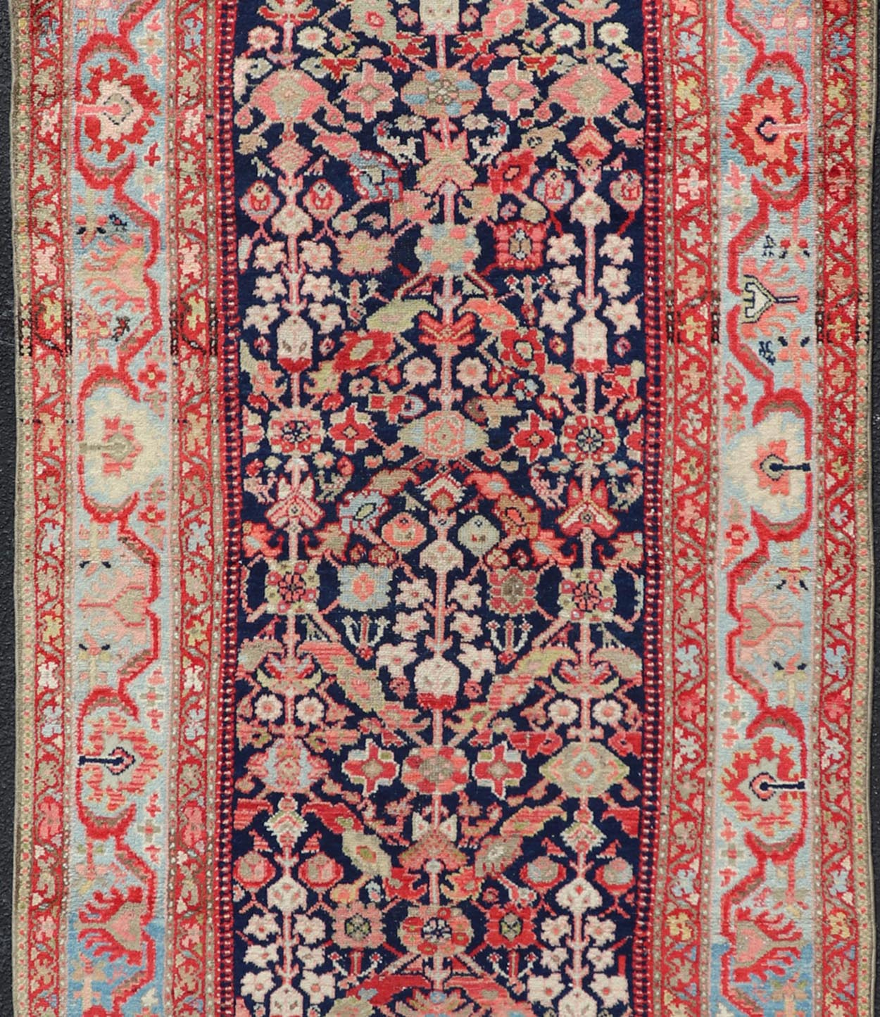 Antique Persian Gallery Hamadan Runner in Blue Background with Multi Colors Measures 4'2 x 11'5 This antique Persian Malayer is bright and bold, with a navy background with rich red, pink, sky blue, and pastel accent colors filling the f... - Keivan Woven ArtsVAS - 8 - P13987 - 17418