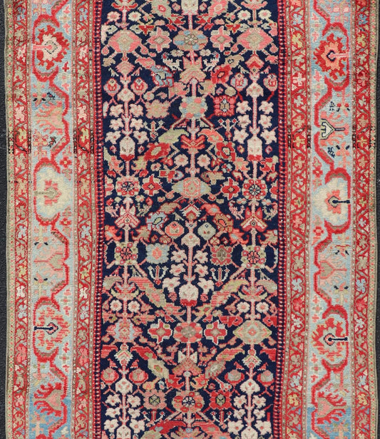 Antique Persian Gallery Hamadan Runner in Blue Background with Multi Colors Measures 4'2 x 11'5 This antique Persian Malayer is bright and bold, with a navy background with rich red, pink, sky blue, and pastel accent colors filling the f... - Keivan Woven ArtsVAS - 8 - P13987 - 17418