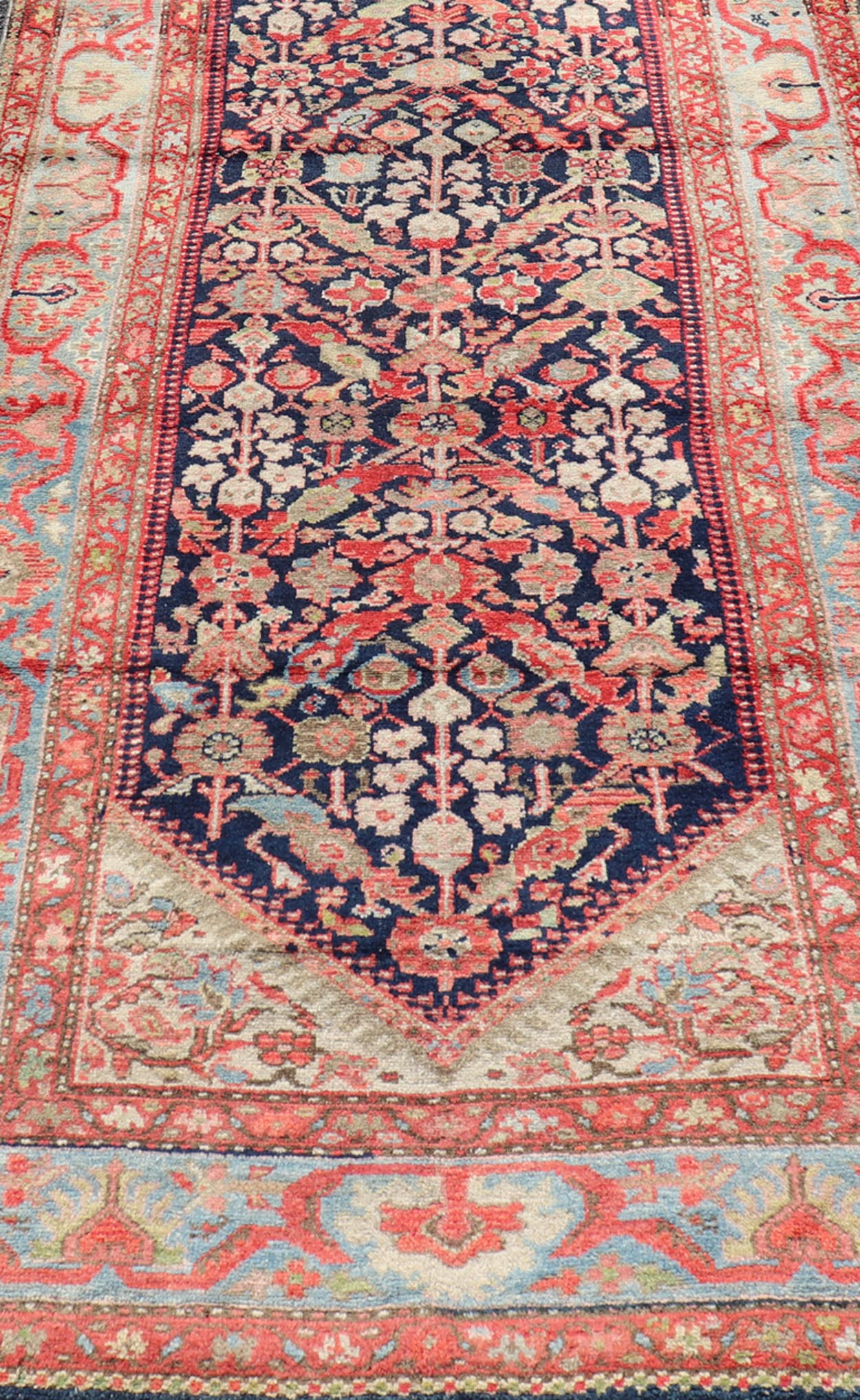 Antique Persian Gallery Hamadan Runner in Blue Background with Multi Colors Measures 4'2 x 11'5 This antique Persian Malayer is bright and bold, with a navy background with rich red, pink, sky blue, and pastel accent colors filling the f... - Keivan Woven ArtsVAS - 8 - P13987 - 17418