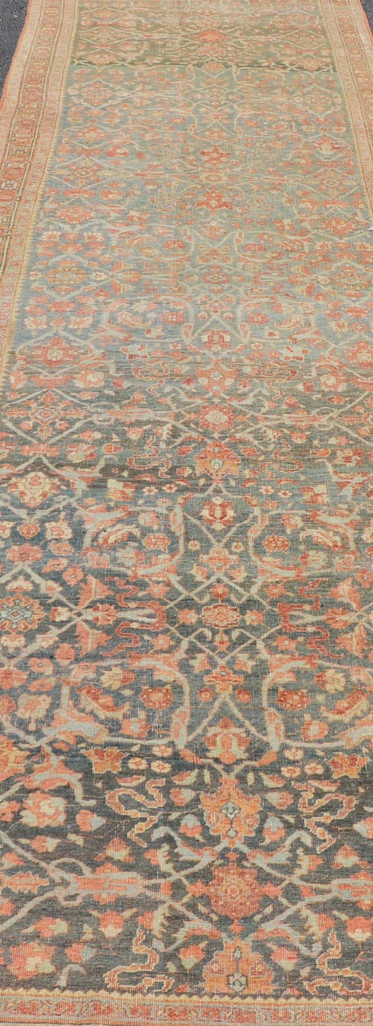 Antique Persian Bidjar Large Gallery Runner with Herati Design in Blue - Gray Field. Long and wide antique Persian Bidjar runner, Keivan Woven Arts/ rug /VAS - 9 - 15199, country of origin / type: Persian / Bidjar, circa Early - 20th Century. Measures: ... - Keivan Woven ArtsVAS - 9 - 15199 - 17424Rug