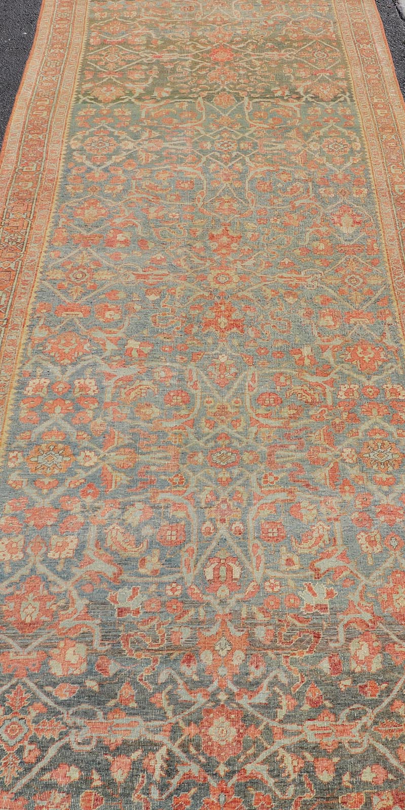 Antique Persian Bidjar Large Gallery Runner with Herati Design in Blue - Gray Field. Long and wide antique Persian Bidjar runner, Keivan Woven Arts/ rug /VAS - 9 - 15199, country of origin / type: Persian / Bidjar, circa Early - 20th Century. Measures: ... - Keivan Woven ArtsVAS - 9 - 15199 - 17424Rug