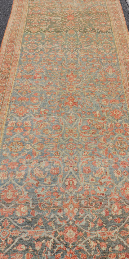 Antique Persian Bidjar Large Gallery Runner with Herati Design in Blue - Gray Field. Long and wide antique Persian Bidjar runner, Keivan Woven Arts/ rug /VAS - 9 - 15199, country of origin / type: Persian / Bidjar, circa Early - 20th Century. Measures: ... - Keivan Woven ArtsVAS - 9 - 15199 - 17424Rug