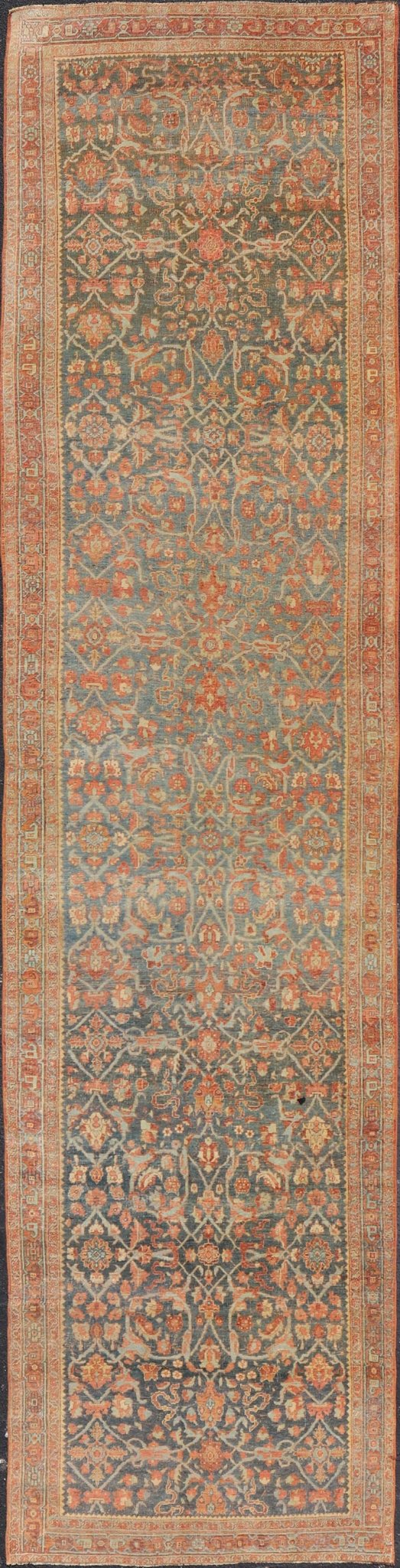 Antique Persian Bidjar Large Gallery Runner with Herati Design in Blue - Gray Field. Long and wide antique Persian Bidjar runner, Keivan Woven Arts/ rug /VAS - 9 - 15199, country of origin / type: Persian / Bidjar, circa Early - 20th Century. Measures: ... - Keivan Woven ArtsVAS - 9 - 15199 - 17424Rug