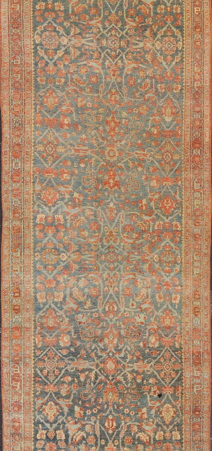 Antique Persian Bidjar Large Gallery Runner with Herati Design in Blue - Gray Field. Long and wide antique Persian Bidjar runner, Keivan Woven Arts/ rug /VAS - 9 - 15199, country of origin / type: Persian / Bidjar, circa Early - 20th Century. Measures: ... - Keivan Woven ArtsVAS - 9 - 15199 - 17424Rug