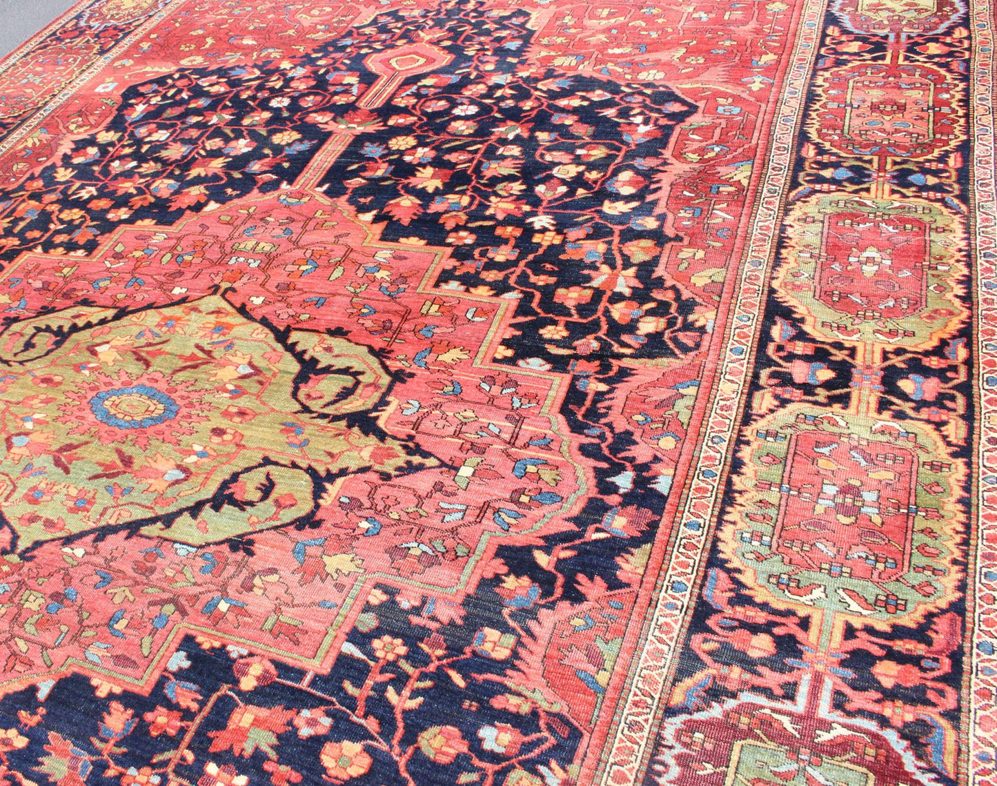 Antique Persian Feraghan Sarouk Rug in Indigo Blue, Rose and Green. Antique Persian Feraghan Sarouk Rug. Keivan Woven Arts / rug /VR - 3585, country of origin / type: Iran / Antique Persian Feraghan Sarouk , circa 1890. Measures: 9'2 x 13' ... - Keivan Woven ArtsVR - 3585 - 545Rug
