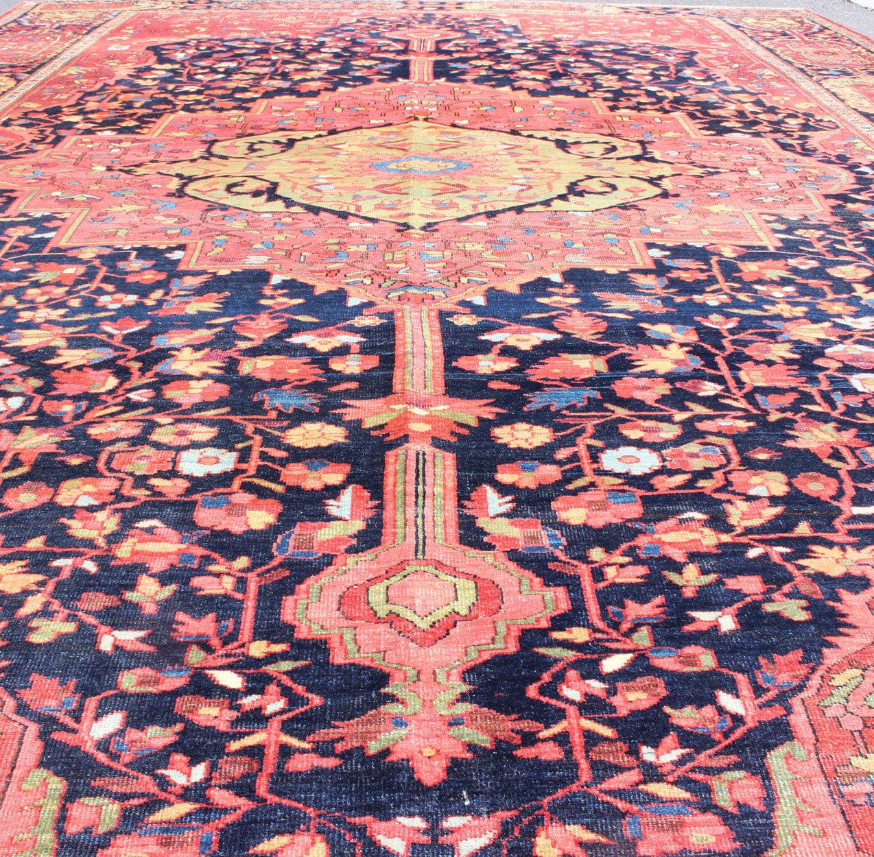 Antique Persian Feraghan Sarouk Rug in Indigo Blue, Rose and Green. Antique Persian Feraghan Sarouk Rug. Keivan Woven Arts / rug /VR - 3585, country of origin / type: Iran / Antique Persian Feraghan Sarouk , circa 1890. Measures: 9'2 x 13' ... - Keivan Woven ArtsVR - 3585 - 545Rug