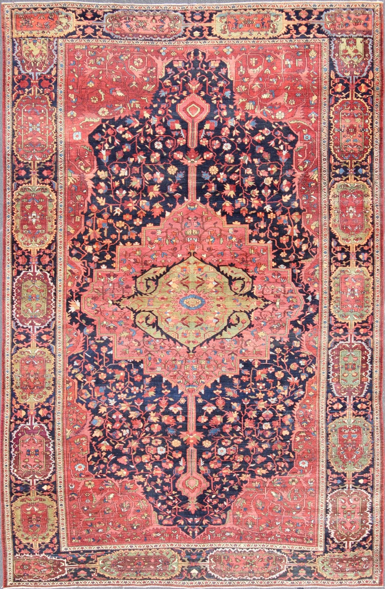 Antique Persian Feraghan Sarouk Rug in Indigo Blue, Rose and Green. Antique Persian Feraghan Sarouk Rug. Keivan Woven Arts / rug /VR - 3585, country of origin / type: Iran / Antique Persian Feraghan Sarouk , circa 1890. Measures: 9'2 x 13' ... - Keivan Woven ArtsVR - 3585 - 545Rug