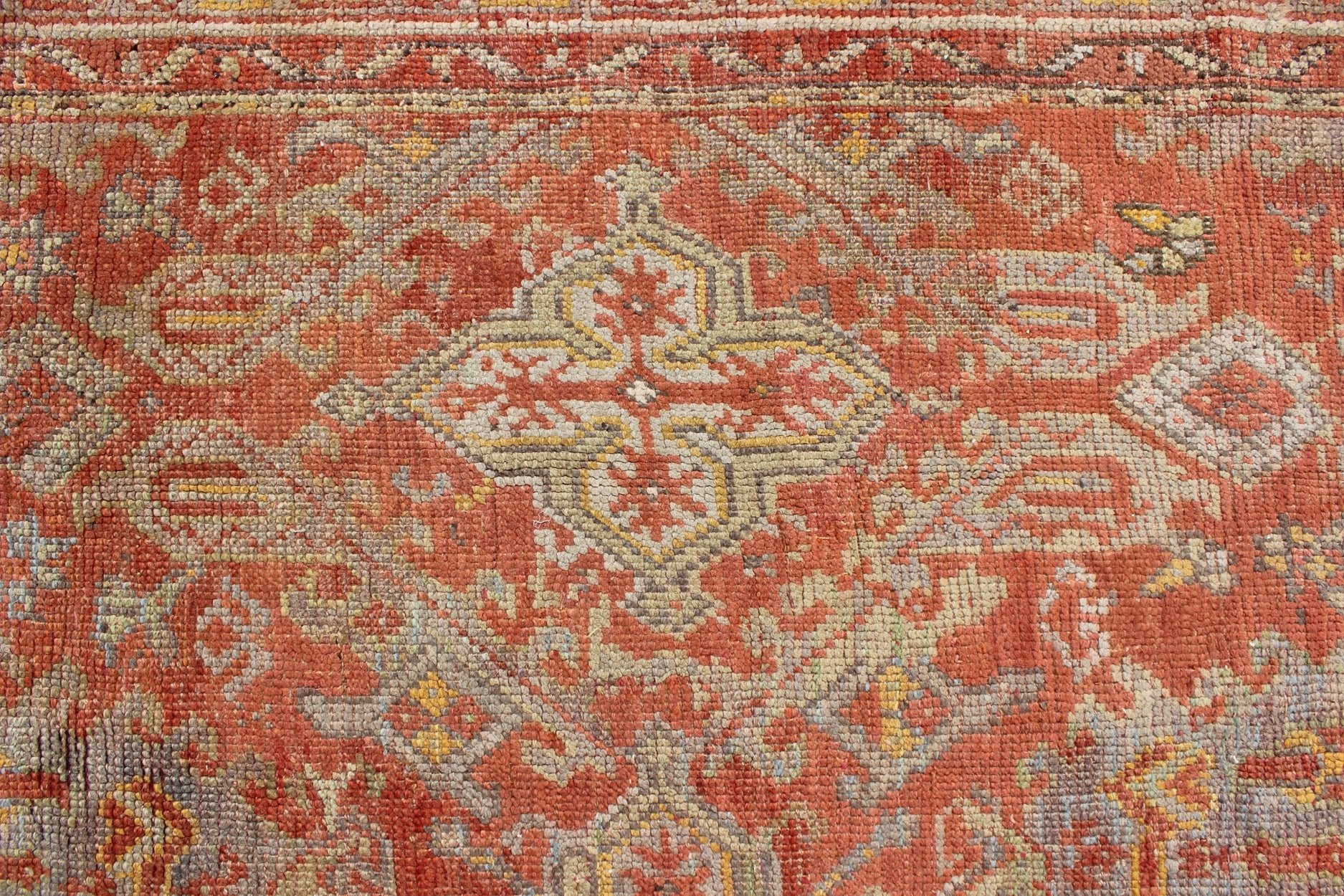 Antique Turkish Oushak Rug with Geometric Design in Soft Red, Light Blue, Yellow, Taupe and Gray. Antique Oushak / Keivan Woven Arts / rug VR - 6061, country of origin / type: Turkey / Oushak, circa Early - 20th century Measures: 12' x 17'. This anti... - Keivan Woven ArtsVR - 6061 - 241