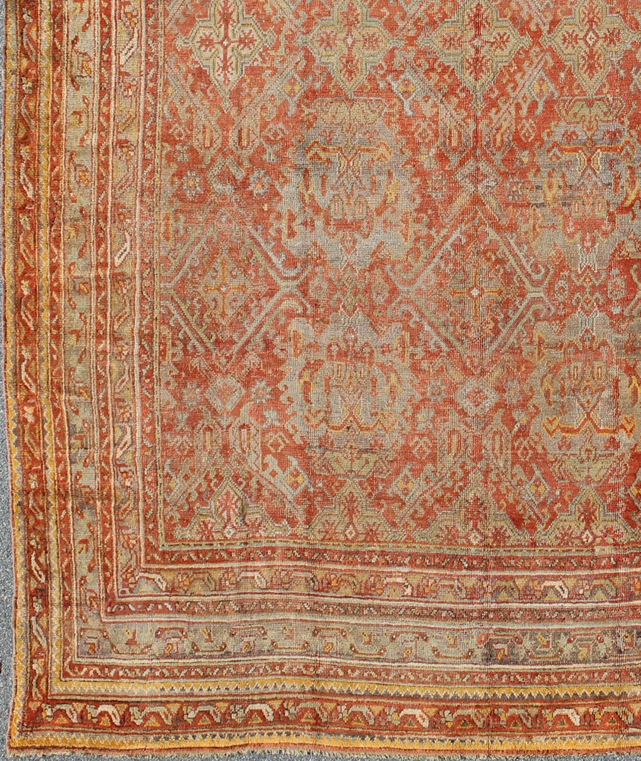 Antique Turkish Oushak Rug with Geometric Design in Soft Red, Light Blue, Yellow, Taupe and Gray. Antique Oushak / Keivan Woven Arts / rug VR - 6061, country of origin / type: Turkey / Oushak, circa Early - 20th century Measures: 12' x 17'. This anti... - Keivan Woven ArtsVR - 6061 - 241Rug