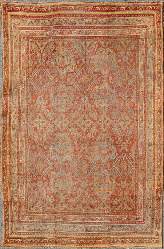 Antique Turkish Oushak Rug with Geometric Design in Soft Red, Light Blue, Yellow, Taupe and Gray. Antique Oushak / Keivan Woven Arts / rug VR - 6061, country of origin / type: Turkey / Oushak, circa Early - 20th century Measures: 12' x 17'. This anti... - Keivan Woven ArtsVR - 6061 - 241Rug