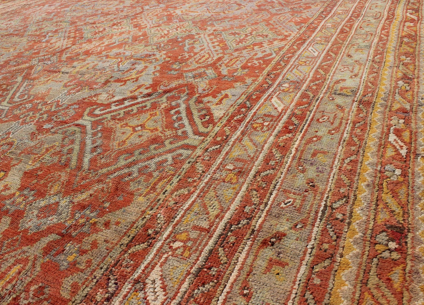 Antique Turkish Oushak Rug with Geometric Design in Soft Red, Light Blue, Yellow, Taupe and Gray. Antique Oushak / Keivan Woven Arts / rug VR - 6061, country of origin / type: Turkey / Oushak, circa Early - 20th century Measures: 12' x 17'. This anti... - Keivan Woven ArtsVR - 6061 - 241Rug