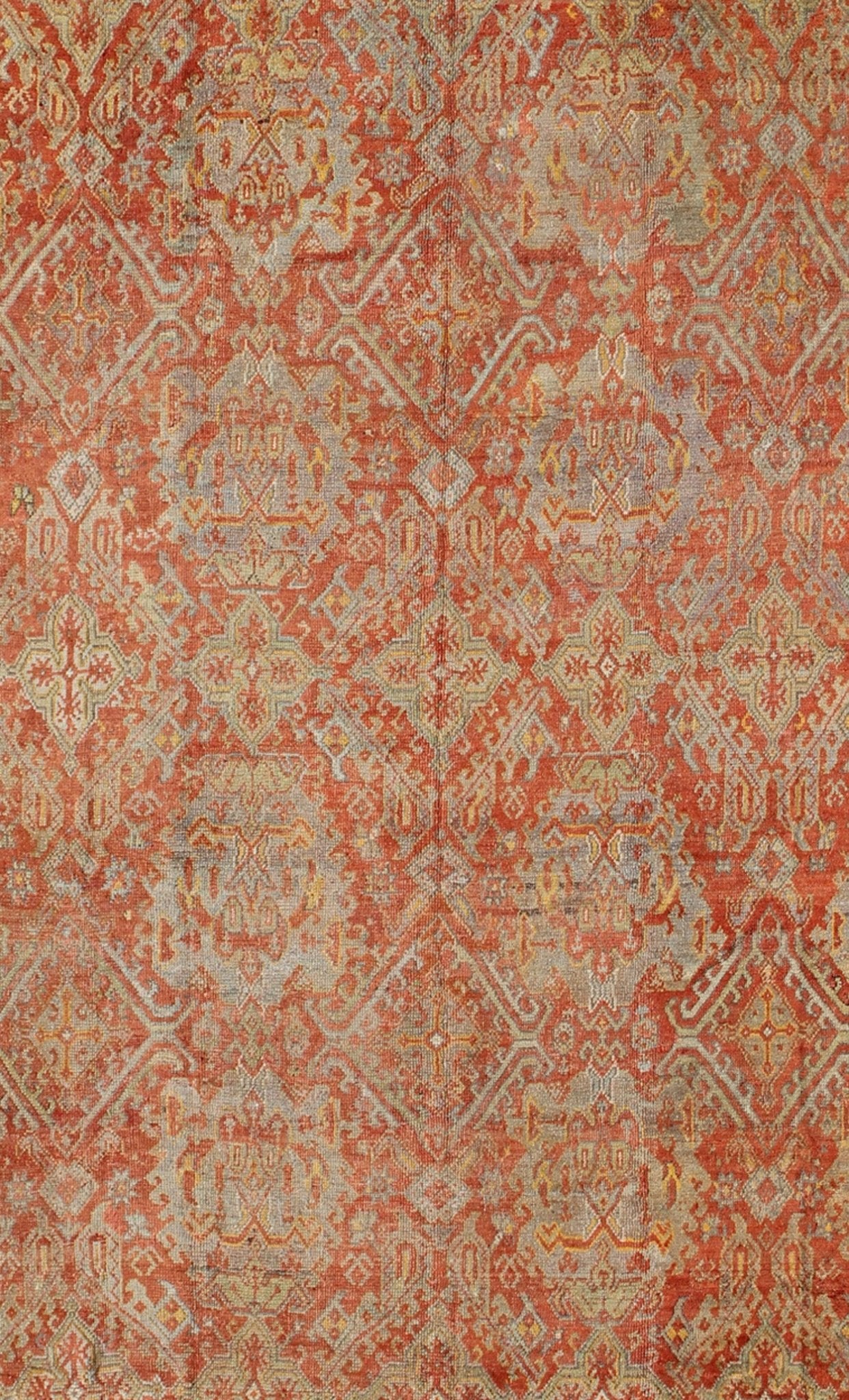 Antique Turkish Oushak Rug with Geometric Design in Soft Red, Light Blue, Yellow, Taupe and Gray. Antique Oushak / Keivan Woven Arts / rug VR - 6061, country of origin / type: Turkey / Oushak, circa Early - 20th century Measures: 12' x 17'. This anti... - Keivan Woven ArtsVR - 6061 - 241Rug
