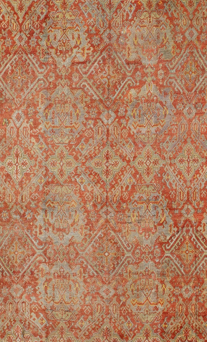 Antique Turkish Oushak Rug with Geometric Design in Soft Red, Light Blue, Yellow, Taupe and Gray. Antique Oushak / Keivan Woven Arts / rug VR - 6061, country of origin / type: Turkey / Oushak, circa Early - 20th century Measures: 12' x 17'. This anti... - Keivan Woven ArtsVR - 6061 - 241Rug