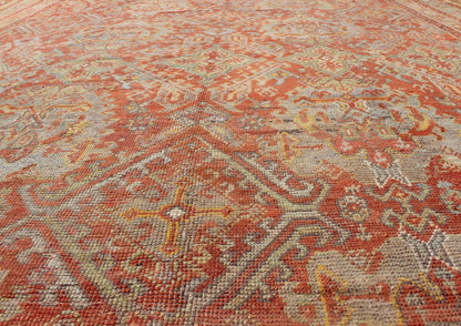 Antique Turkish Oushak Rug with Geometric Design in Soft Red, Light Blue, Yellow, Taupe and Gray. Antique Oushak / Keivan Woven Arts / rug VR - 6061, country of origin / type: Turkey / Oushak, circa Early - 20th century Measures: 12' x 17'. This anti... - Keivan Woven ArtsVR - 6061 - 241Rug