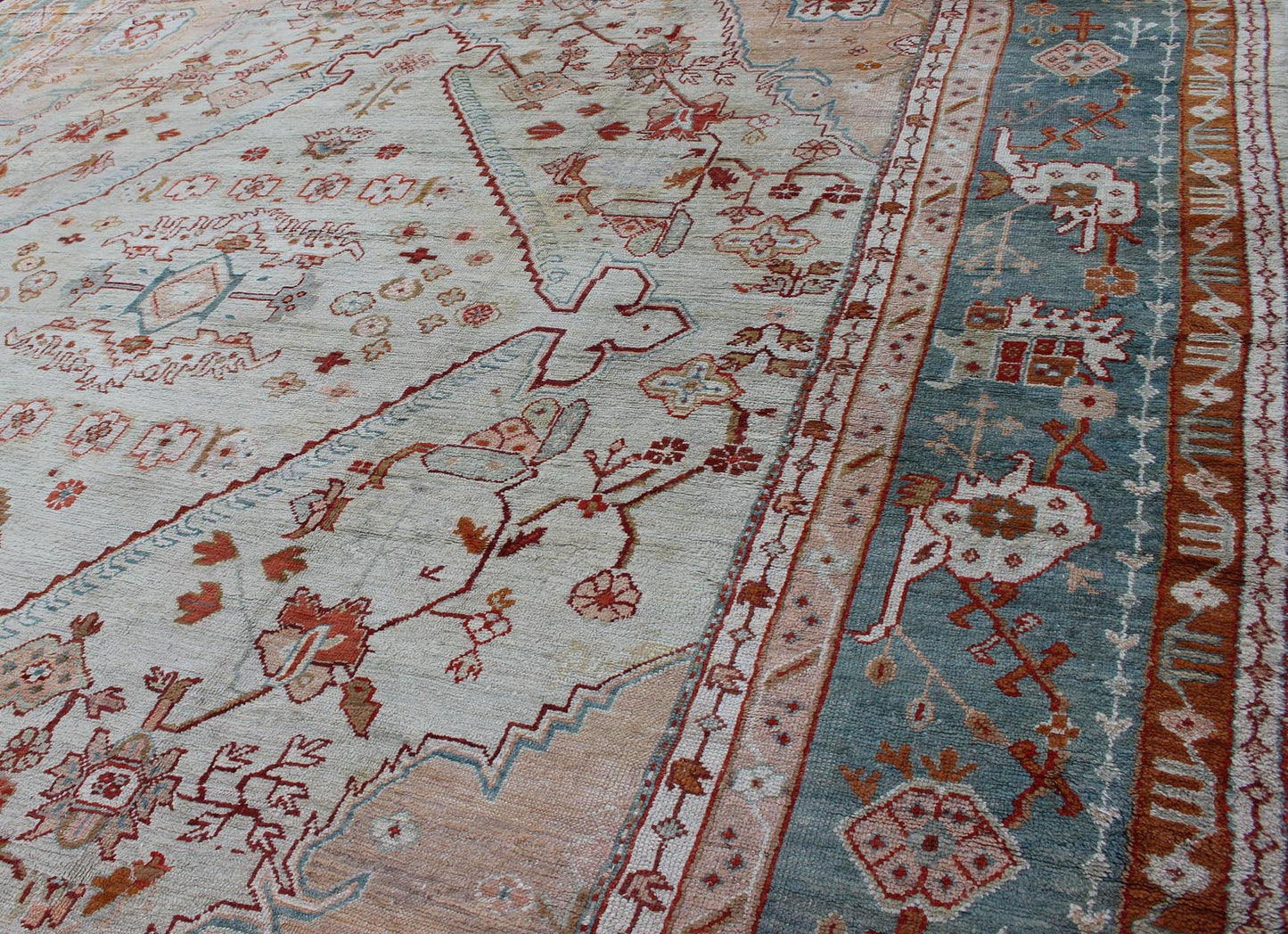 Antique Turkish Oushak rug in ice blue, taupe background and teal border. Keivan Woven Arts / rug VR - 7967, country of origin / type: Turkey / Oushak, circa Early - 20th century. Measures: 12'1 x 14'10. This magnificent Turkish Oushak carpet beautif... - Keivan Woven ArtsVR - 7967 - 385Rug