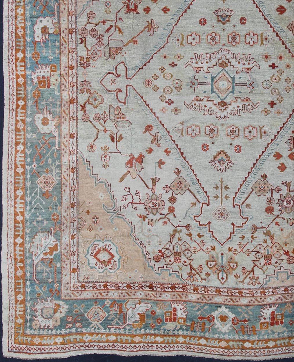 Antique Turkish Oushak rug in ice blue, taupe background and teal border. Keivan Woven Arts / rug VR - 7967, country of origin / type: Turkey / Oushak, circa Early - 20th century. Measures: 12'1 x 14'10. This magnificent Turkish Oushak carpet beautif... - Keivan Woven ArtsVR - 7967 - 385Rug