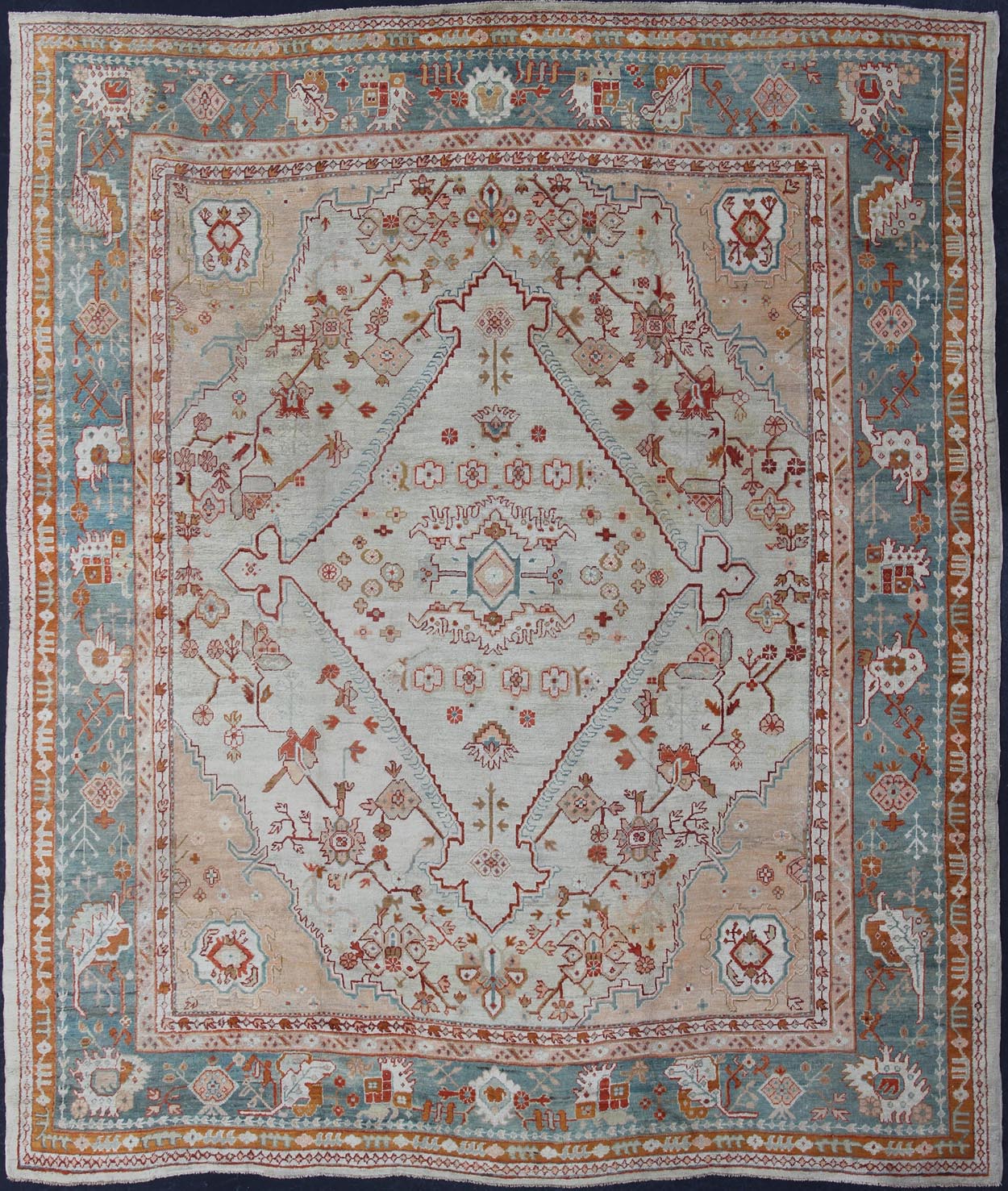 Antique Turkish Oushak rug in ice blue, taupe background and teal border. Keivan Woven Arts / rug VR - 7967, country of origin / type: Turkey / Oushak, circa Early - 20th century. Measures: 12'1 x 14'10. This magnificent Turkish Oushak carpet beautif... - Keivan Woven ArtsVR - 7967 - 385Rug