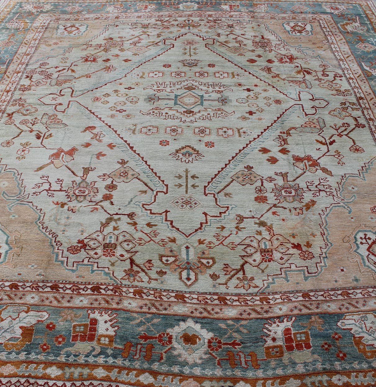 Antique Turkish Oushak rug in ice blue, taupe background and teal border. Keivan Woven Arts / rug VR - 7967, country of origin / type: Turkey / Oushak, circa Early - 20th century. Measures: 12'1 x 14'10. This magnificent Turkish Oushak carpet beautif... - Keivan Woven ArtsVR - 7967 - 385Rug