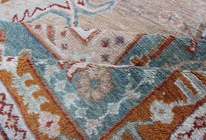 Antique Turkish Oushak rug in ice blue, taupe background and teal border. Keivan Woven Arts / rug VR - 7967, country of origin / type: Turkey / Oushak, circa Early - 20th century. Measures: 12'1 x 14'10. This magnificent Turkish Oushak carpet beautif... - Keivan Woven ArtsVR - 7967 - 385Rug