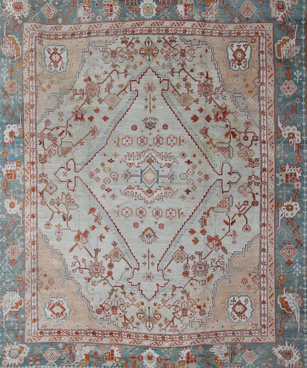 Antique Turkish Oushak rug in ice blue, taupe background and teal border. Keivan Woven Arts / rug VR - 7967, country of origin / type: Turkey / Oushak, circa Early - 20th century. Measures: 12'1 x 14'10. This magnificent Turkish Oushak carpet beautif... - Keivan Woven ArtsVR - 7967 - 385Rug