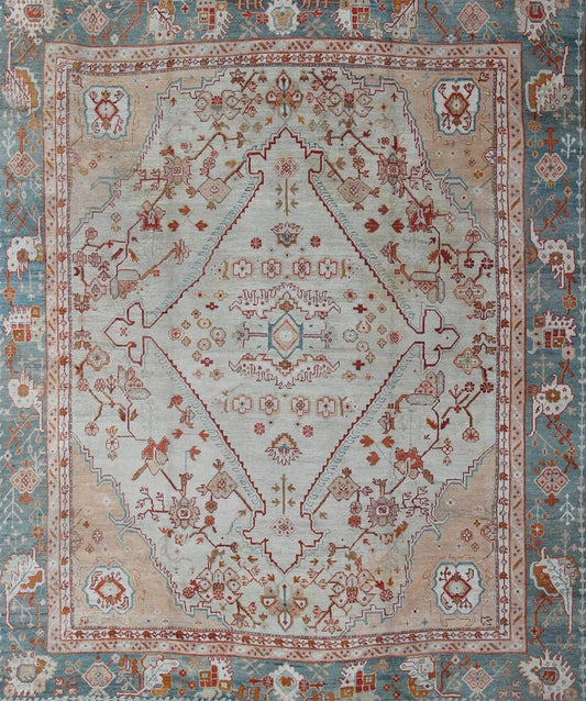 Antique Turkish Oushak rug in ice blue, taupe background and teal border. Keivan Woven Arts / rug VR - 7967, country of origin / type: Turkey / Oushak, circa Early - 20th century. Measures: 12'1 x 14'10. This magnificent Turkish Oushak carpet beautif... - Keivan Woven ArtsVR - 7967 - 385Rug