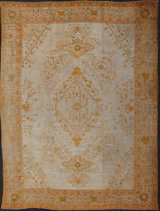Remarkable Antique Turkish Oushak Carpet - The grand scale of this magnificent palace - sized antique Oushak is tempered only by its beautifully understated color palette. The open center field is presented in a luxurious pale ivory, richly complemented by... - Keivan Woven ArtsVR - 7984 - 299Rug