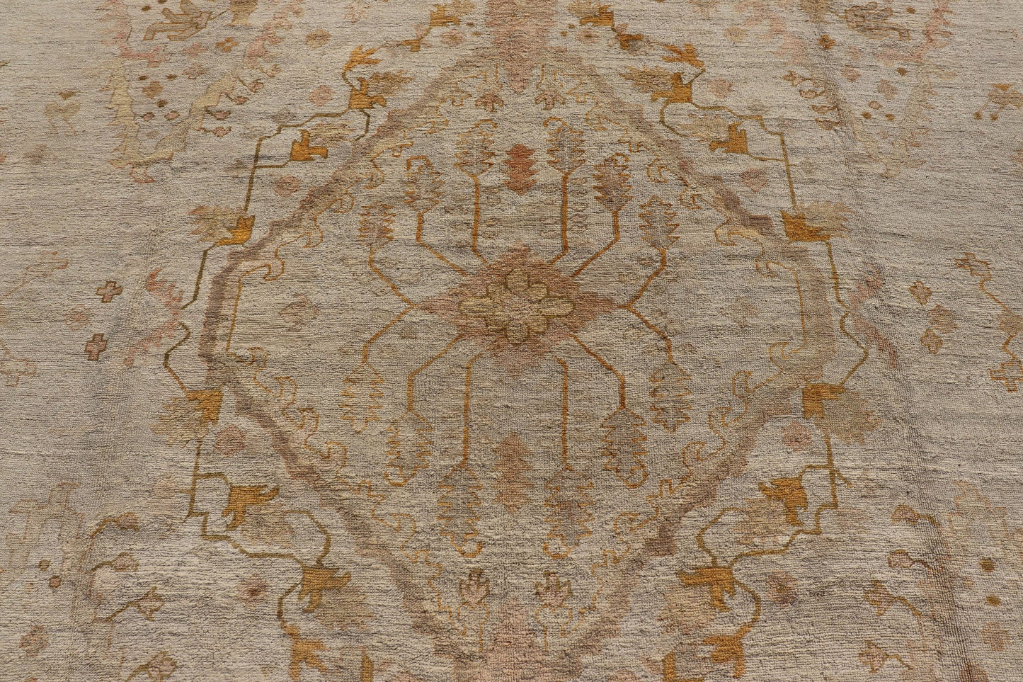 Remarkable Antique Turkish Oushak Carpet - The grand scale of this magnificent palace - sized antique Oushak is tempered only by its beautifully understated color palette. The open center field is presented in a luxurious pale ivory, richly complemented by... - Keivan Woven ArtsVR - 7984 - 299Rug