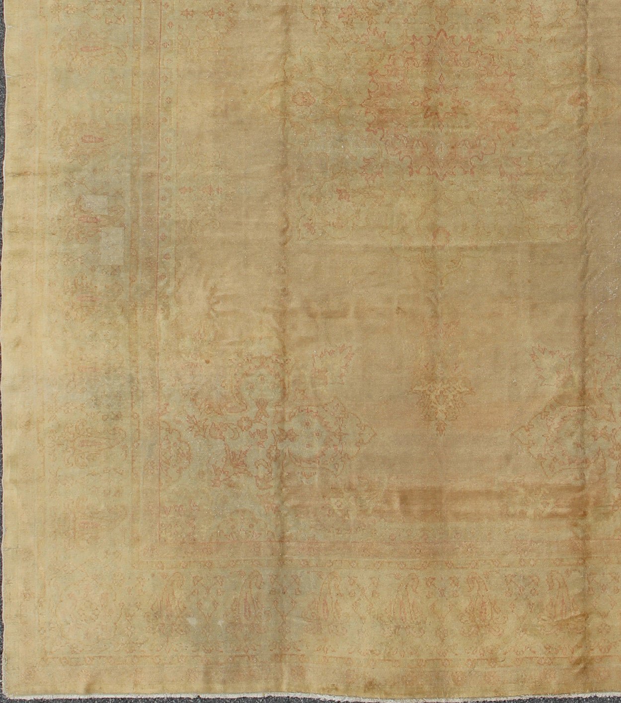 Antique Hand Knotted Borlu Oushak Rug In Soft Cream Goldish Tones Antique Borlu Oushakrug with a minimal center medallion design in light tones, circa 1910, Keivan Woven Arts / rug vr - 8561, country of origin / type: Turkey / Oushak, circa 1910.... - Keivan Woven ArtsVR - 8561 - 1720Rug
