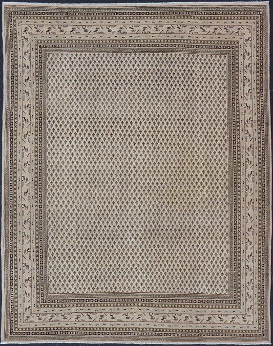Minimalist Design vintage Persian Tabriz Rug with Muted Brown and Cream Tones. Persian rug with small repeating Mir design. Keivan Woven Arts / rug W22 - 0104, country of origin / type: Iran/ Tabriz, circa 1940. Persian Paisley design rug. vintage Persia... - Keivan Woven ArtsW22 - 0104 - 18589