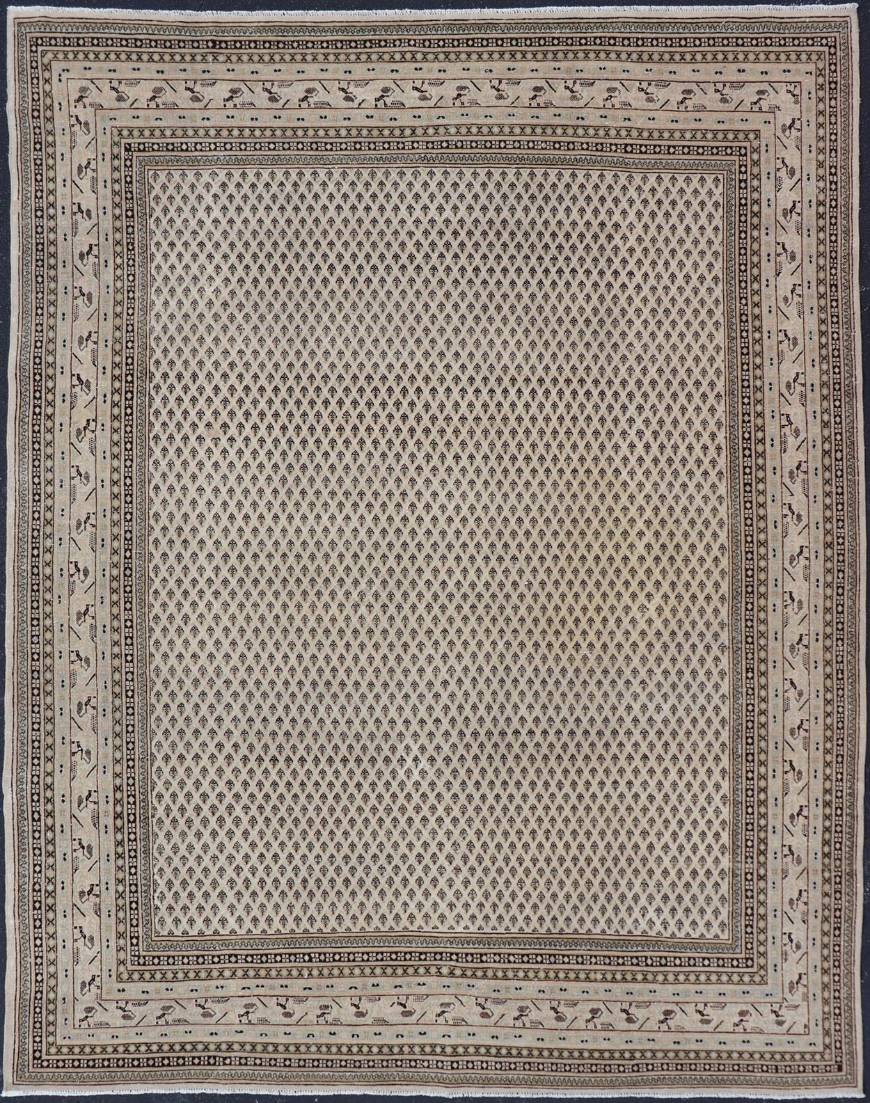 Minimalist Design vintage Persian Tabriz Rug with Muted Brown and Cream Tones. Persian rug with small repeating Mir design. Keivan Woven Arts / rug W22 - 0104, country of origin / type: Iran/ Tabriz, circa 1940. Persian Paisley design rug. vintage Persia... - Keivan Woven ArtsW22 - 0104 - 18589Rug