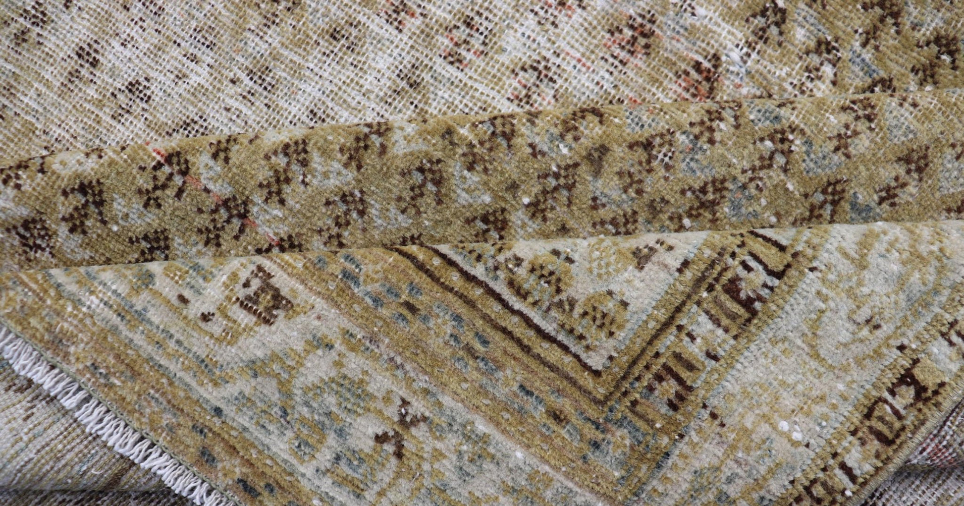 Antique Saraband Persian Rug with Small Paisley in chartreuse yellow Background. Distressed Antique Saraband Persian Rug with Small Paisley in chartreuse yellow Background. Keivan Woven Arts / rug W22 - 0105, country of origin / type: Iran / Sar... - Keivan Woven ArtsW22 - 0105 - 18595