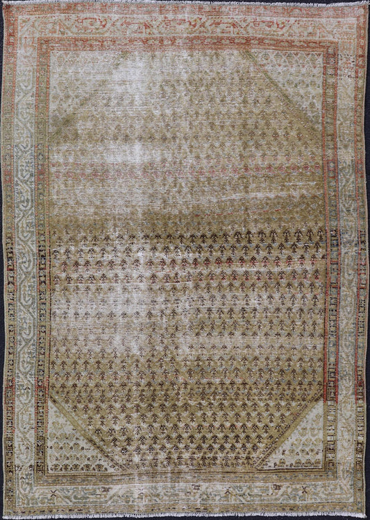 Antique Saraband Persian Rug with Small Paisley in chartreuse yellow Background. Distressed Antique Saraband Persian Rug with Small Paisley in chartreuse yellow Background. Keivan Woven Arts / rug W22 - 0105, country of origin / type: Iran / Sar... - Keivan Woven ArtsW22 - 0105 - 18595