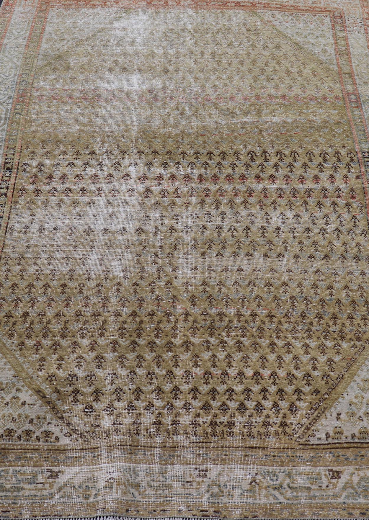 Antique Saraband Persian Rug with Small Paisley in chartreuse yellow Background. Distressed Antique Saraband Persian Rug with Small Paisley in chartreuse yellow Background. Keivan Woven Arts / rug W22 - 0105, country of origin / type: Iran / Sar... - Keivan Woven ArtsW22 - 0105 - 18595