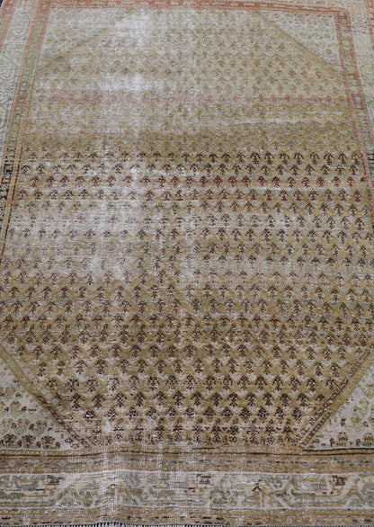 Antique Saraband Persian Rug with Small Paisley in chartreuse yellow Background. Distressed Antique Saraband Persian Rug with Small Paisley in chartreuse yellow Background. Keivan Woven Arts / rug W22 - 0105, country of origin / type: Iran / Sar... - Keivan Woven ArtsW22 - 0105 - 18595
